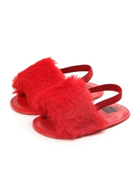 KIDSUN Infant Baby Girls Sandals Elastic Back Strap Flats Slippers Soft Shoes Toddles Boys Faux Fur Slides Shoes First Walker House Shoes